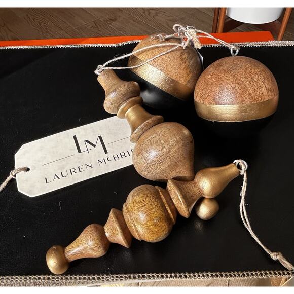 NEW Set of 4 Painted Wooden Ball & Finial Ornaments by Lauren McBride Black/Gold - Picture 2 of 12